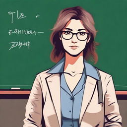 A female teacher with a disheveled appearance, standing in front of a blackboard