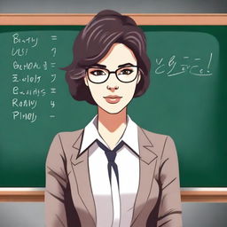 A female teacher with a disheveled appearance, standing in front of a blackboard