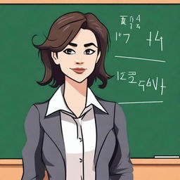 A female teacher with a disheveled appearance, standing in front of a blackboard