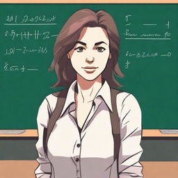 A female teacher with a disheveled appearance, standing in front of a blackboard