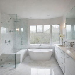 A modern, sleek, and clean bathroom featuring white marble countertops, a large soaking tub, a glass enclosed shower, and stunning light fixtures.