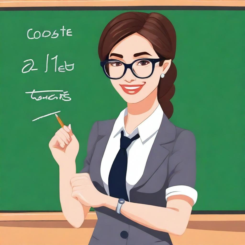 A cute female teacher standing in front of a blackboard, dressed in professional attire