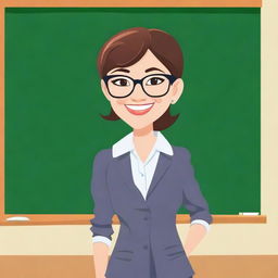 A cute female teacher standing in front of a blackboard, dressed in professional attire