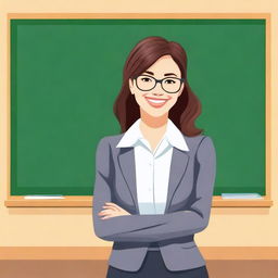 A cute female teacher standing in front of a blackboard, dressed in professional attire