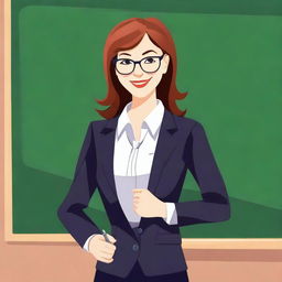 A cute female teacher standing in front of a blackboard, dressed in professional attire