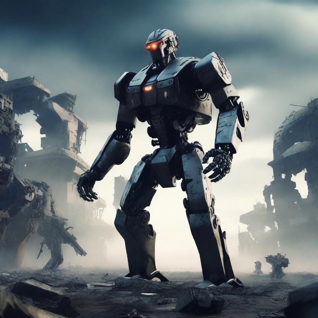 A futuristic robot in command of an army of robots, standing tall with an apocalyptic landscape in the background