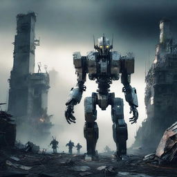 A futuristic robot in command of an army of robots, standing tall with an apocalyptic landscape in the background