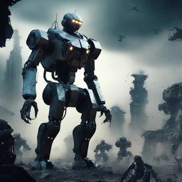 A futuristic robot in command of an army of robots, standing tall with an apocalyptic landscape in the background