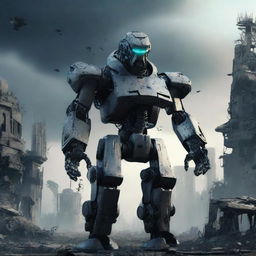 A futuristic robot in command of an army of robots, standing tall with an apocalyptic landscape in the background