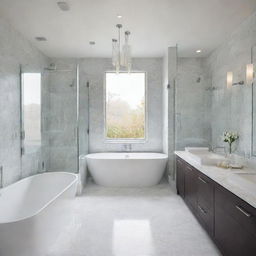 A modern, sleek, and clean bathroom featuring white marble countertops, a large soaking tub, a glass enclosed shower, and stunning light fixtures.