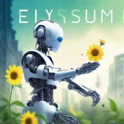 Create a book cover titled 'Elysium' featuring a robot gently grabbing an almost withered flower