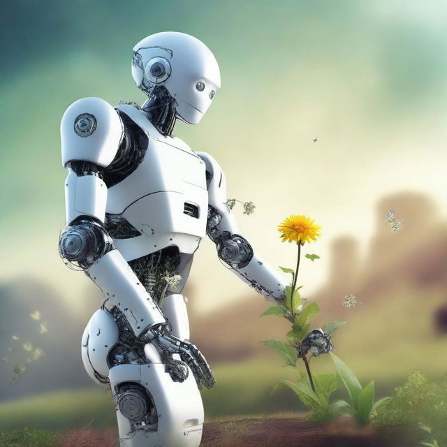 Create a book cover titled 'Elysium' featuring a robot gently grabbing an almost withered flower