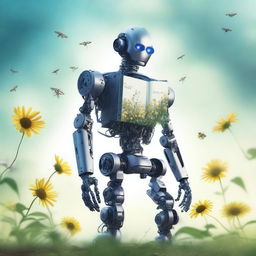 Create a book cover titled 'Elysium' featuring a robot gently grabbing an almost withered flower