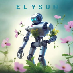 Create a book cover titled 'Elysium' featuring a robot gently grabbing an almost withered flower