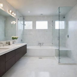 A modern, sleek, and clean bathroom featuring white marble countertops, a large soaking tub, a glass enclosed shower, and stunning light fixtures.