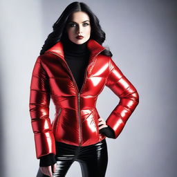 Create an image of a stylish, attractive woman wearing a shiny red puffer corset