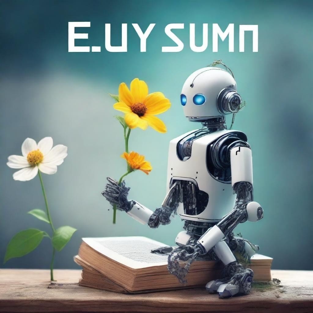 Create a book cover titled 'Elysium' featuring a robot gently grabbing an almost withered flower