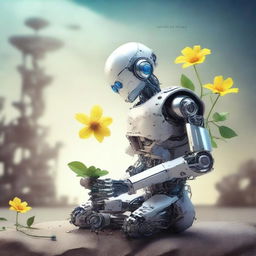 Create a book cover titled 'Elysium' featuring a robot gently grabbing an almost withered flower