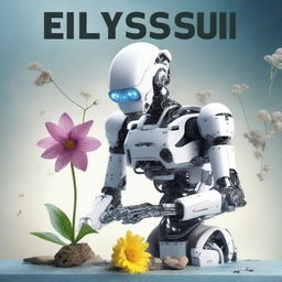 Create a book cover titled 'Elysium' featuring a robot gently grabbing an almost withered flower