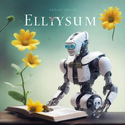 Create a book cover titled 'Elysium' featuring a robot gently grabbing an almost withered flower