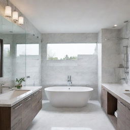 A modern, sleek, and clean bathroom featuring white marble countertops, a large soaking tub, a glass enclosed shower, and stunning light fixtures.