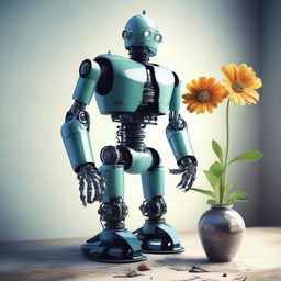 Create an image of a robot gently grabbing an almost withered flower