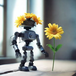 Create an image of a robot gently grabbing an almost withered flower