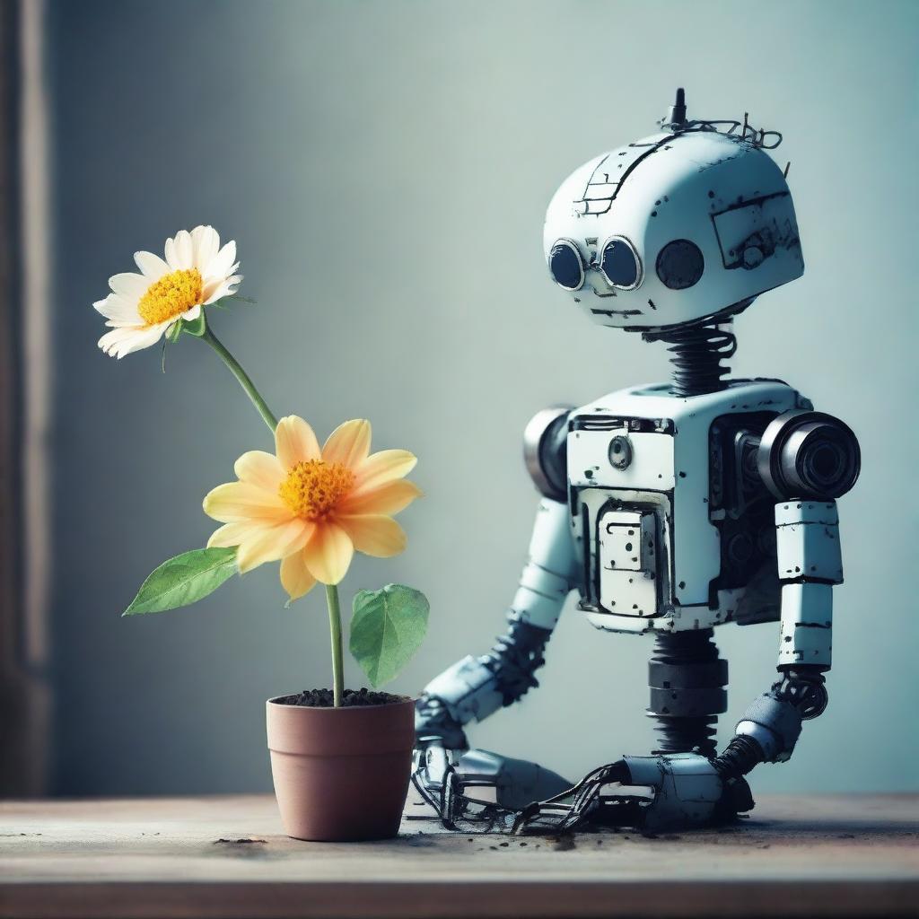 Create an image of a robot gently grabbing an almost withered flower