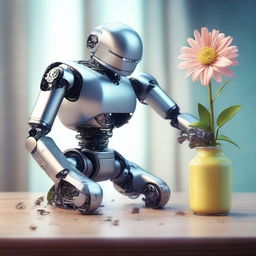 Create an image of a robot gently grabbing an almost withered flower