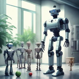 Create an image of a robot standing with other robots in the background