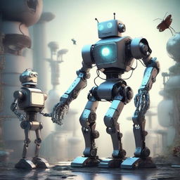 Create an image of a robot standing with other robots in the background