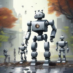 Create an image of a robot standing with other robots in the background