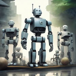 Create an image of a robot standing with other robots in the background