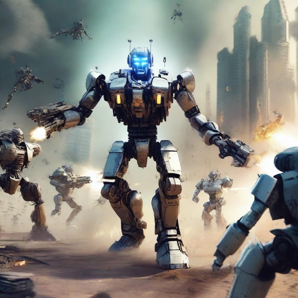 Create a dynamic and intense scene of a robot war