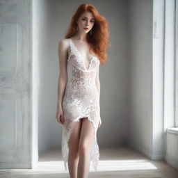 Full body picture of a beautiful 20-year-old redhead girl with a perfect body wearing a form-fitting white lace mini dress with a deep plunging neckline, a thigh-high slit, and a plunging low back