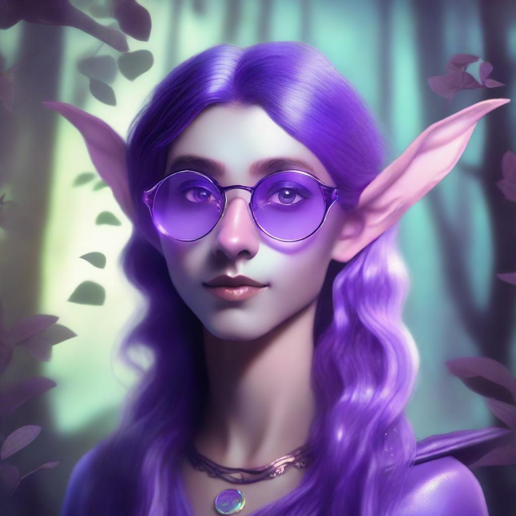 An androgynous elf with purple skin, wearing circular sunglasses