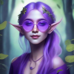 An androgynous elf with purple skin, wearing circular sunglasses