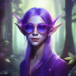 An androgynous elf with purple skin, wearing circular sunglasses