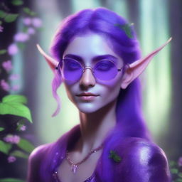 An androgynous elf with purple skin, wearing circular sunglasses