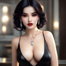 A seductive and alluring character posing in a stylish and fashionable outfit, with a background that enhances the sultry atmosphere