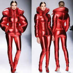 Create an image of an attractive woman wearing a tight, shiny red puffer corset