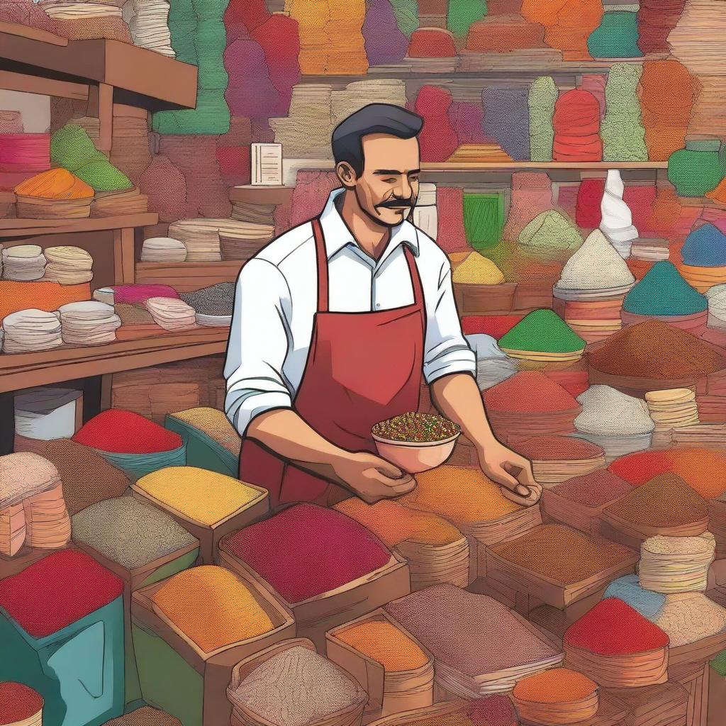 A detailed illustration of an independent trader in a bustling marketplace