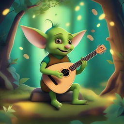 A whimsical goblin bard playing a lute in a magical forest