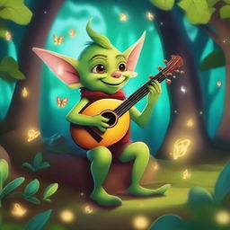 A whimsical goblin bard playing a lute in a magical forest