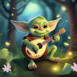 A whimsical goblin bard playing a lute in a magical forest