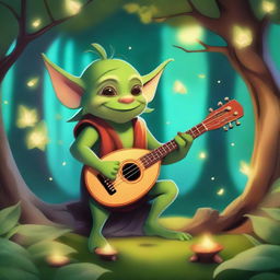 A whimsical goblin bard playing a lute in a magical forest