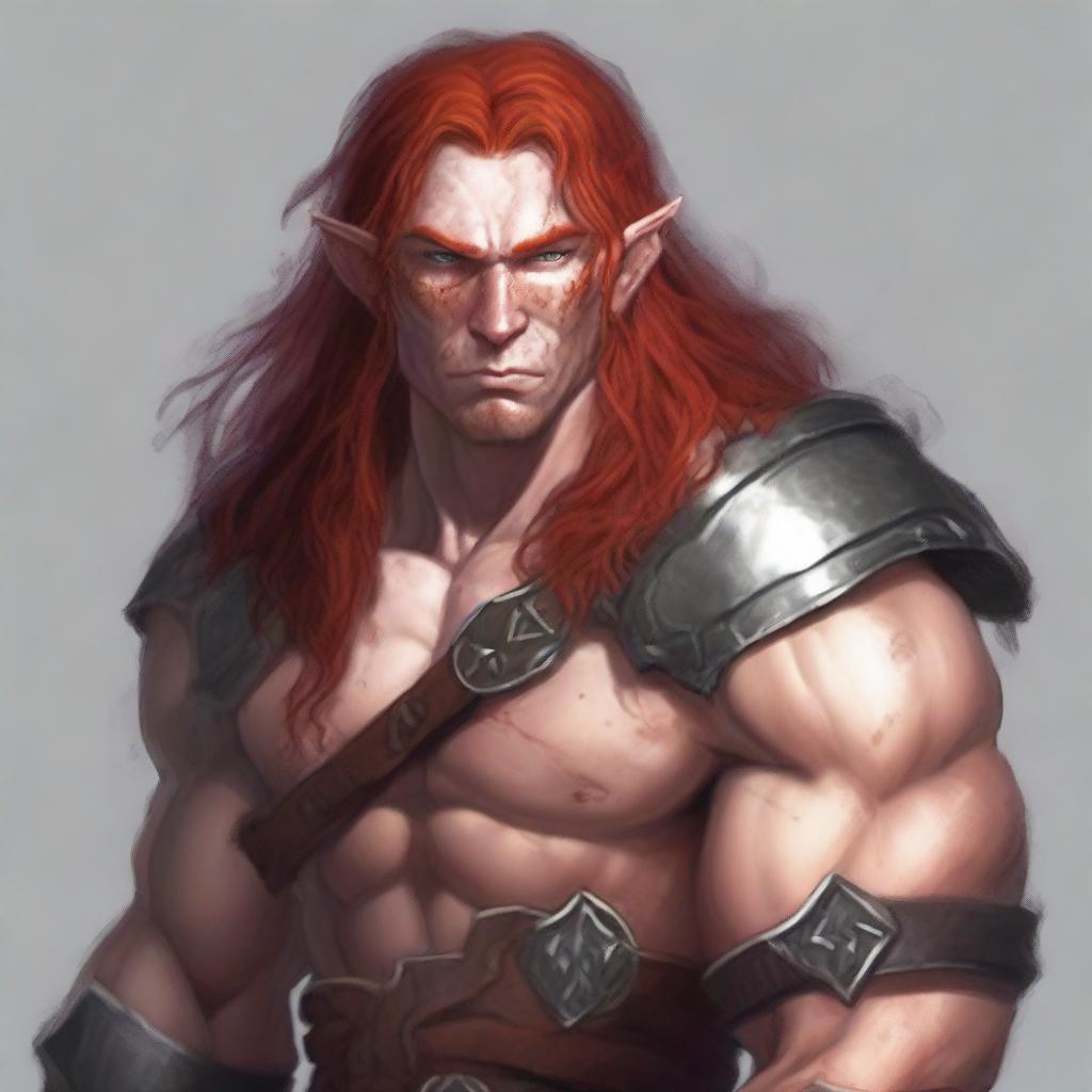 A half-elf barbarian with long red hair and freckles