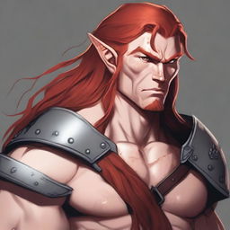 A half-elf barbarian with long red hair and freckles