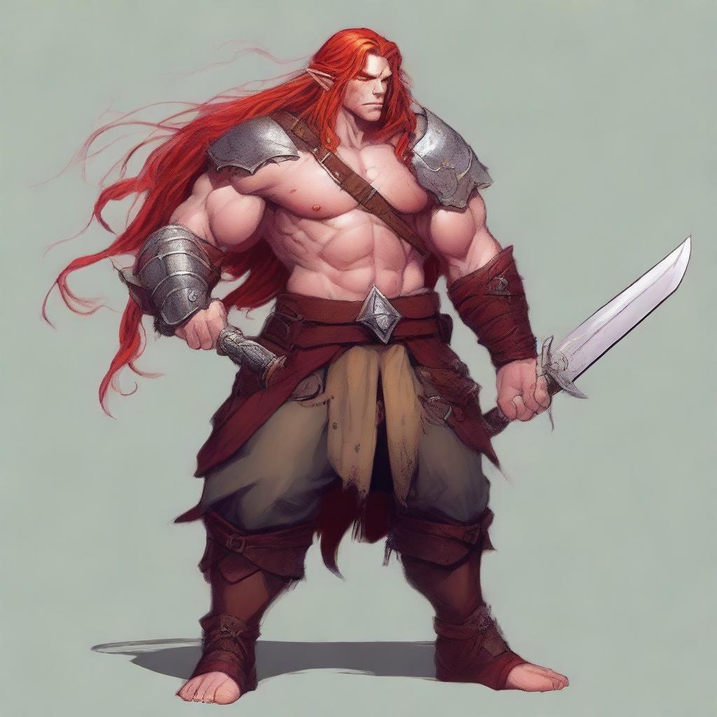 A half-elf barbarian artificer with long red hair and freckles