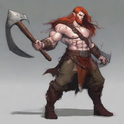 A half-elf barbarian artificer with long red hair and freckles